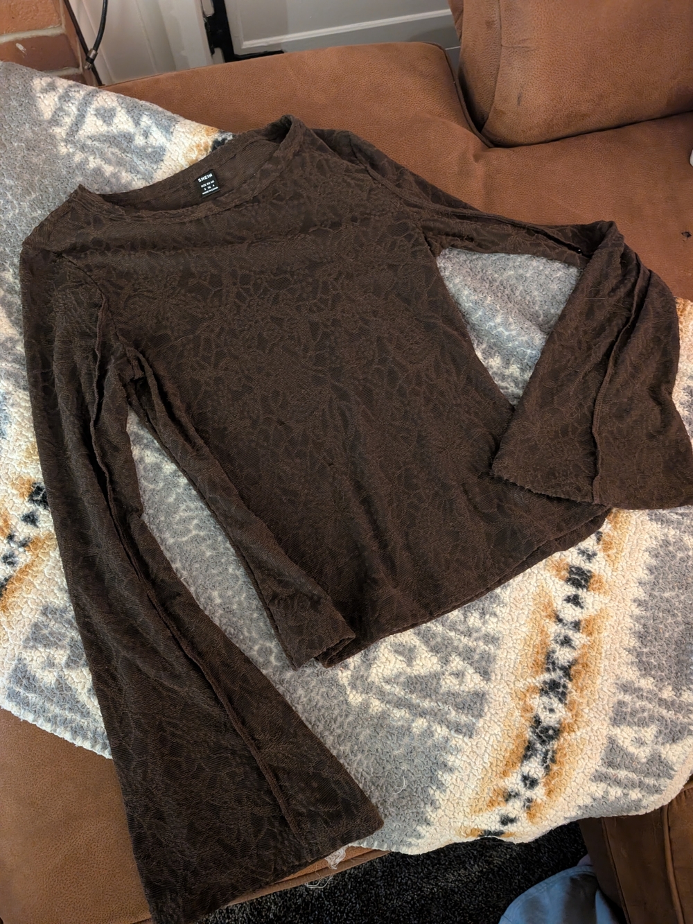 SHEIN Dark Brown Lace Bell Sleeve Long Sleeve Top